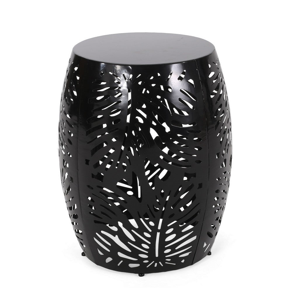 Miami Outdoor End Table Stool, Palm Leaf Pattern, Black Iron, 17 Inch