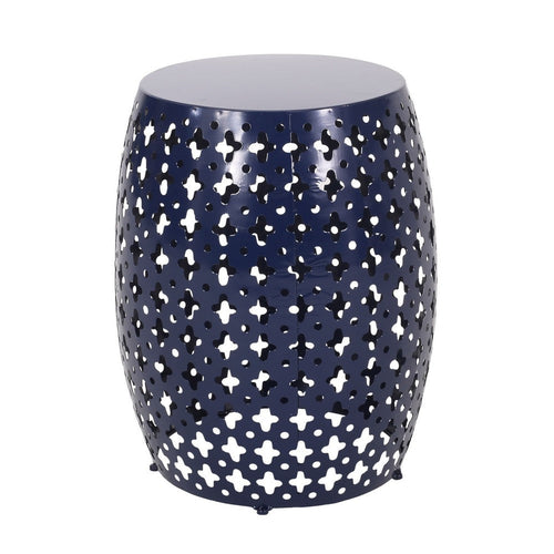Miami Outdoor End Table, Cutout Design, Round 17 Inch, Navy Blue Iron