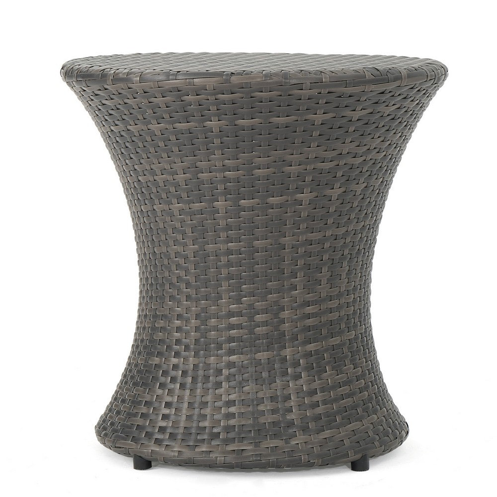 Loco Outdoor Side Table, Hourglass Shape, Round 20 Inch, Gray Rattan