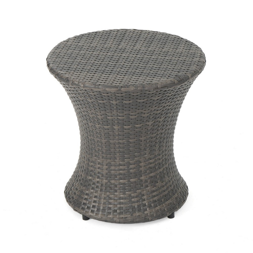 Loco Outdoor Side Table, Hourglass Shape, Round 20 Inch, Gray Rattan