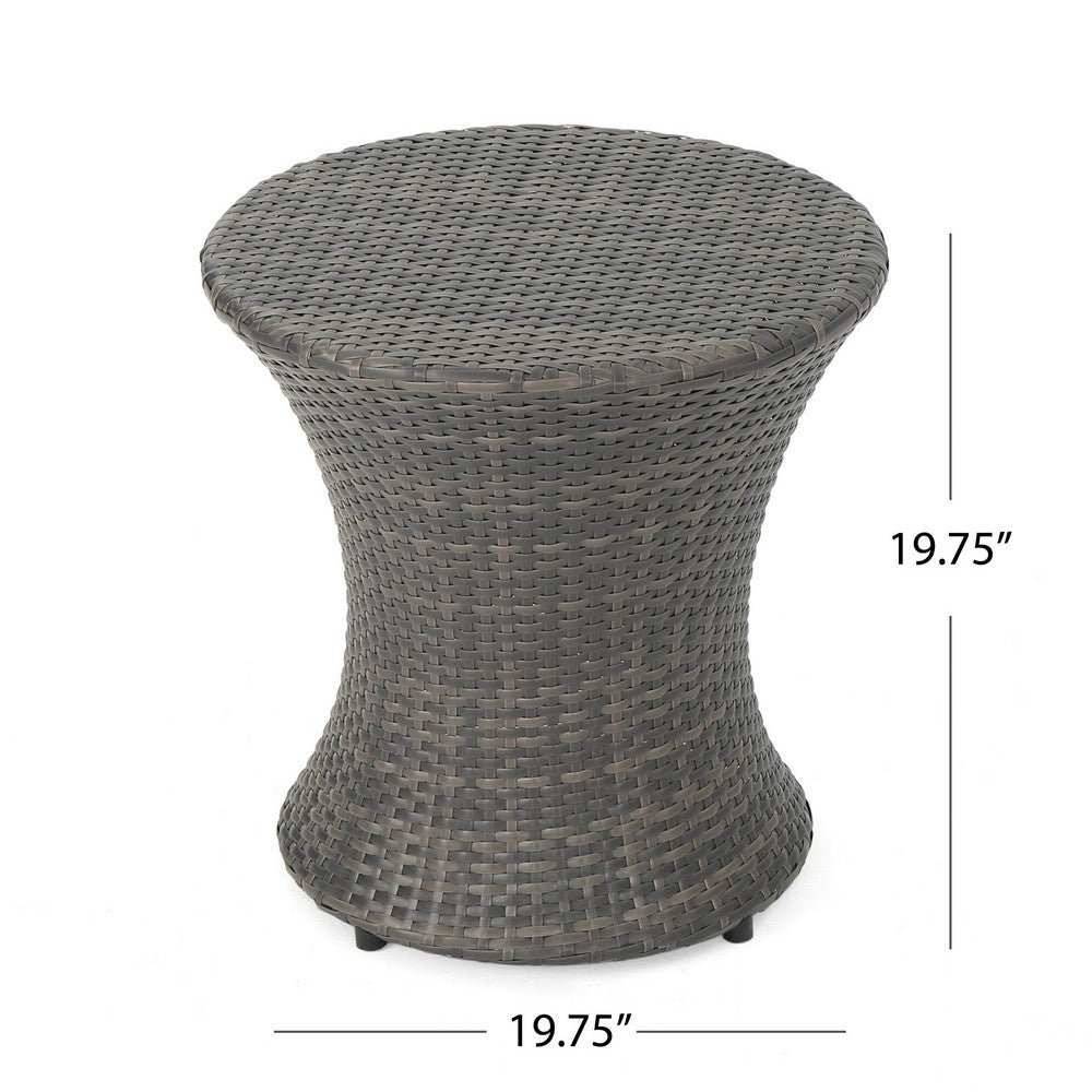 Loco Outdoor Side Table, Hourglass Shape, Round 20 Inch, Gray Rattan