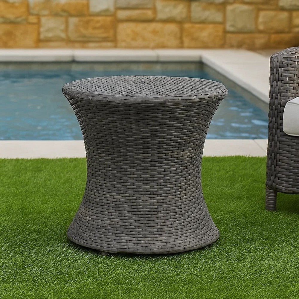 Loco Outdoor Side Table, Hourglass Shape, Round 20 Inch, Gray Rattan