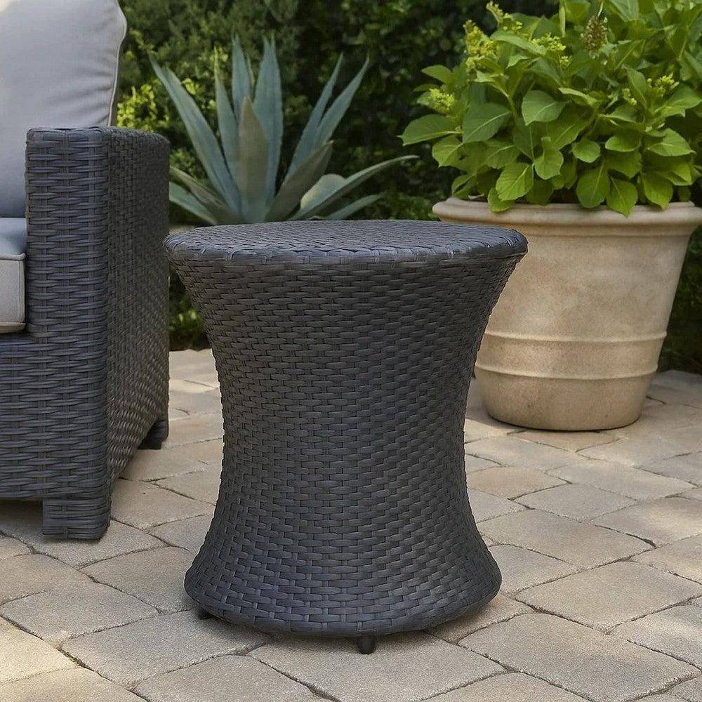 Loco Outdoor Side Table, Hourglass Shape, Round 20 Inch, Gray Rattan