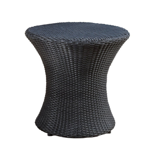 Loco Outdoor Side Table, Hourglass Shape, Round 20 Inch, Black Rattan