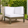 Lizzie Outdoor Corner Chair, Cross Back, White Fabric, Dark Gray Wood