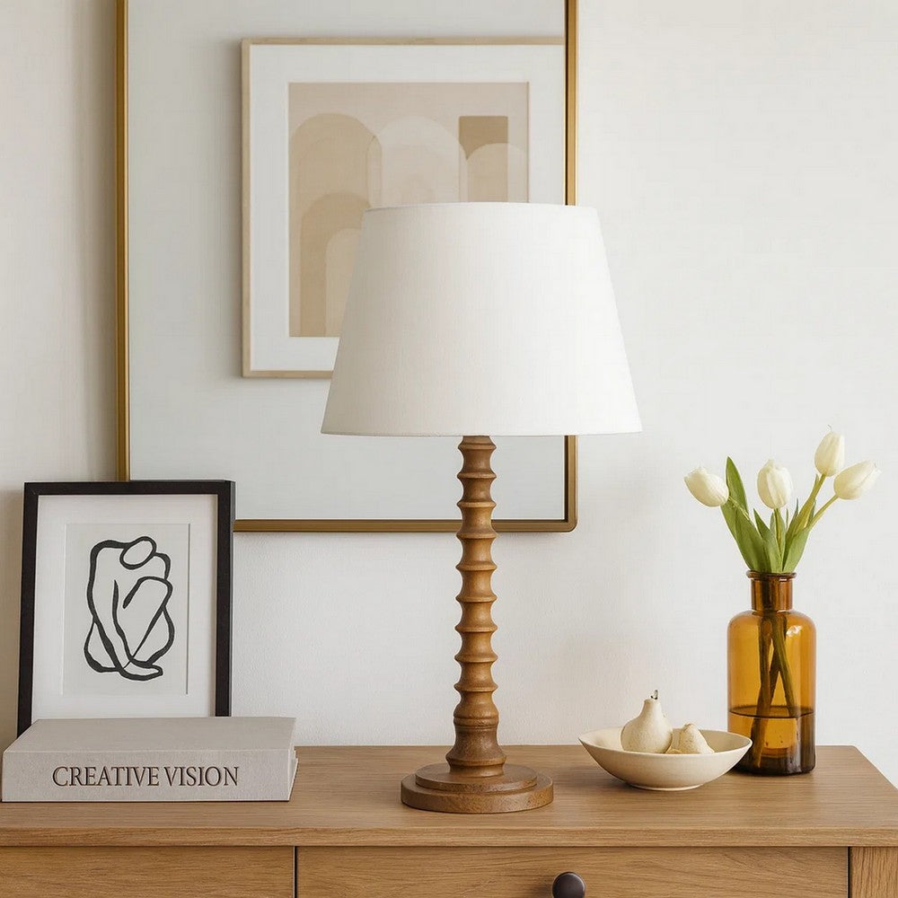 Dio 31" Table Lamp, White Slub Drum Shade, Brown Turned Base by Casagear Home