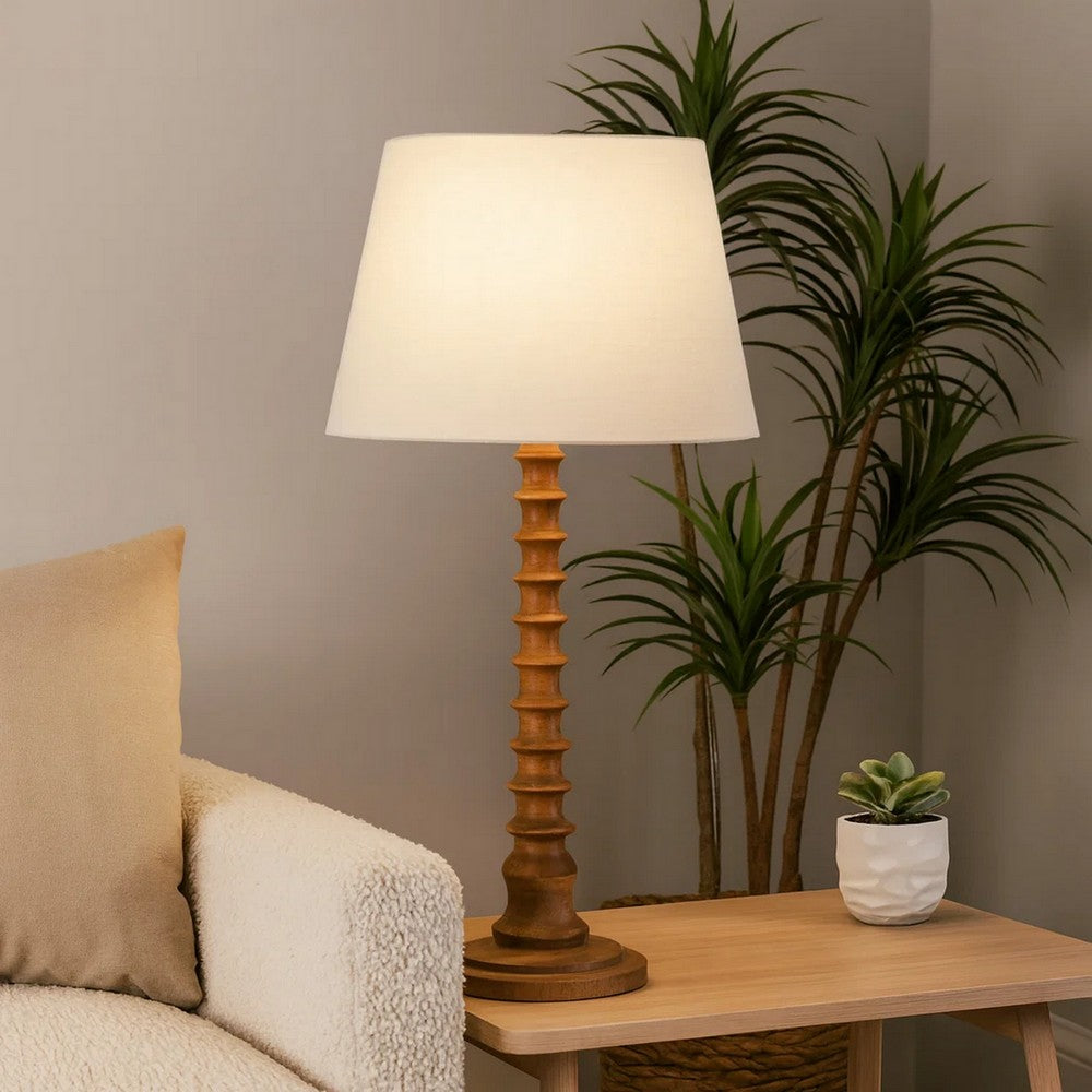 Dio 31" Table Lamp, White Slub Drum Shade, Brown Turned Base by Casagear Home