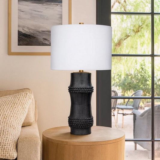 Lemy 28" Table Lamp, White Linen Shade, Dotted Black Base by Casagear Home