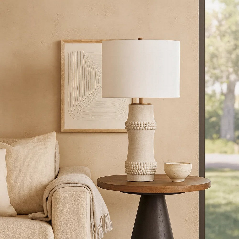 Lemy 28" Table Lamp, Round Linen Shade, Dotted White Base by Casagear Home