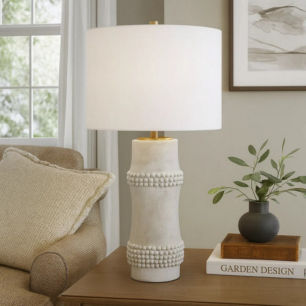 Lemy 28" Table Lamp, Round Linen Shade, Dotted White Base by Casagear Home