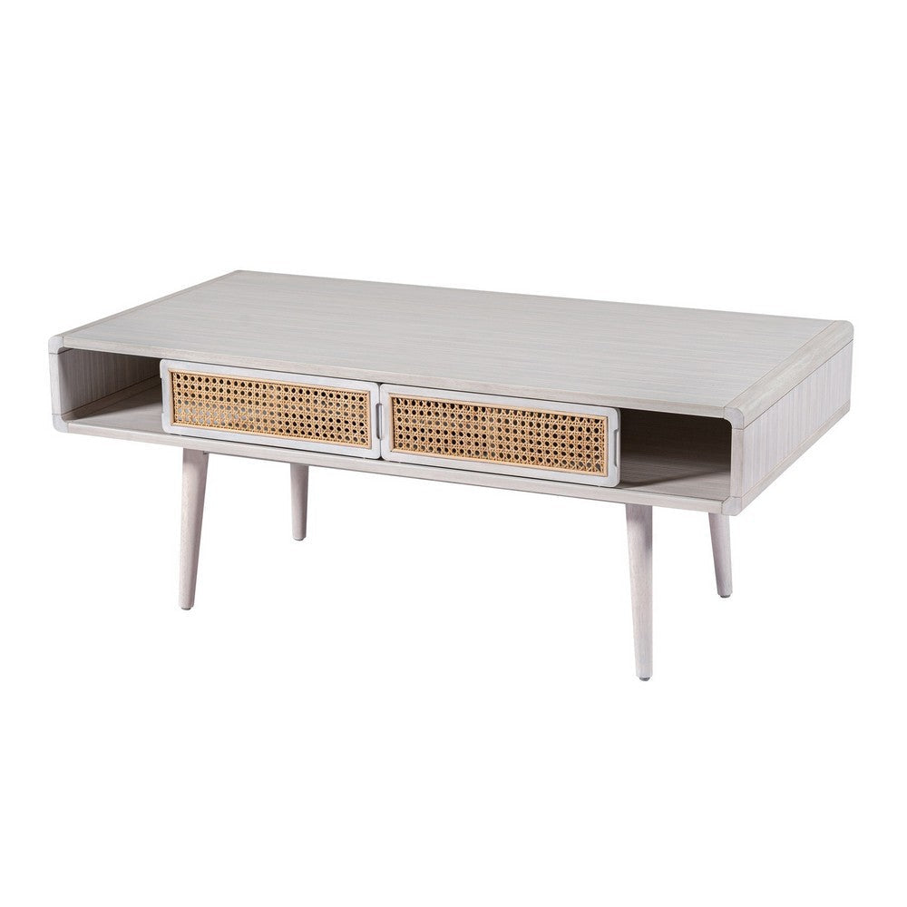 Camy Coffee Table Brown Cane Woven Doors Open Shelf White 48’’ BM324180
