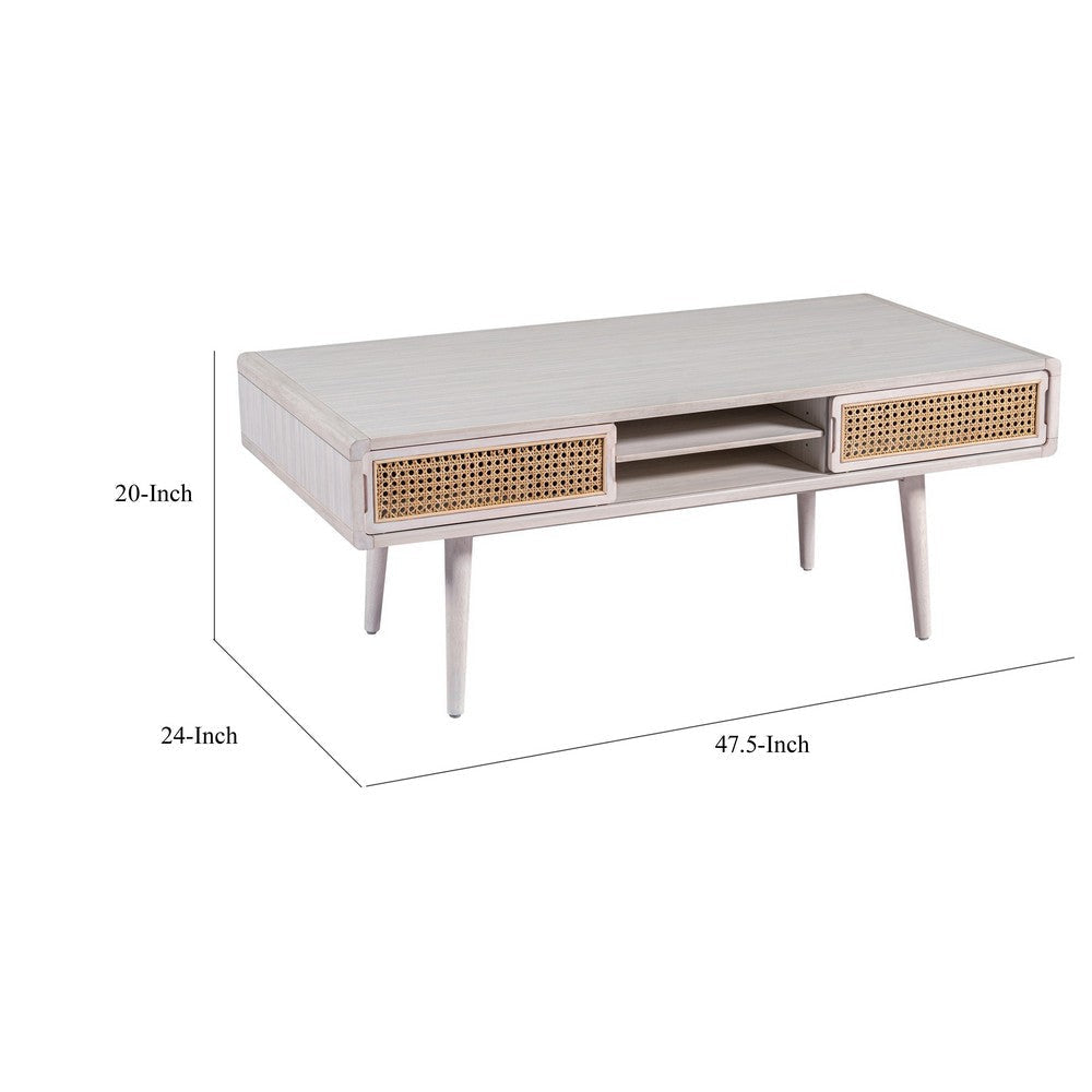 Camy Coffee Table Brown Cane Woven Doors Open Shelf White 48’’ BM324180
