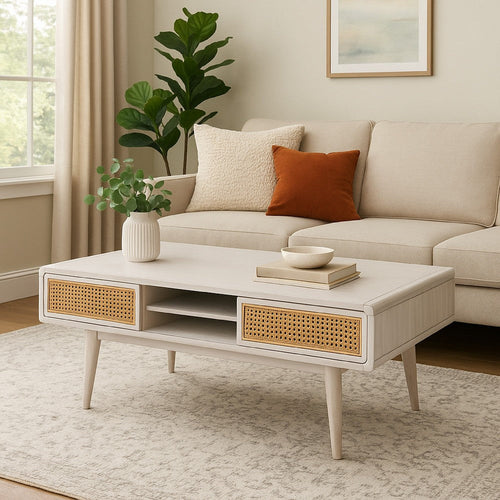 Camy Coffee Table, Brown Cane Woven Doors, Open Shelf, White 48"