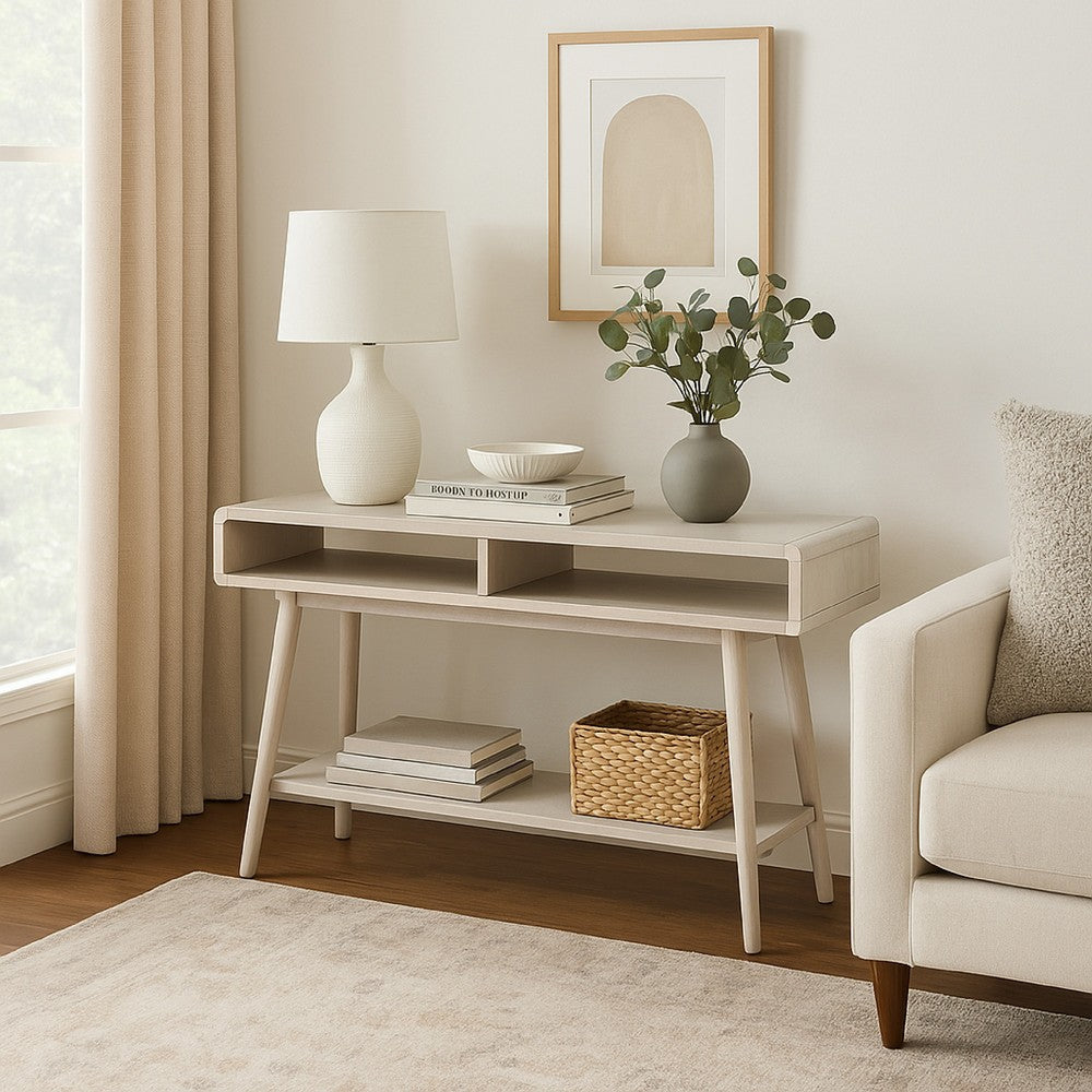 Camy Sofa Console Table, 2 Open Cubbies, 1 Lower Shelf, White 48"
