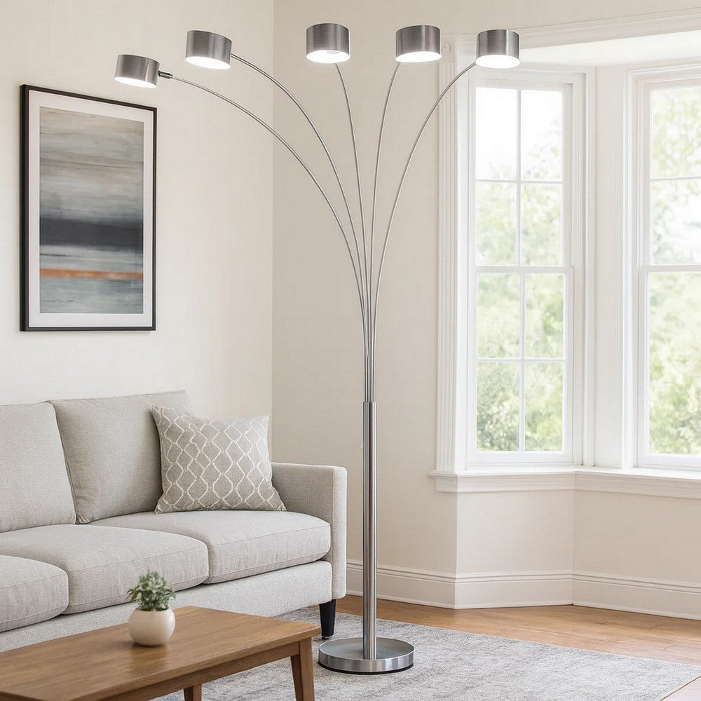 5 Arm Arched Accent Floor Lamp, 84" Chrome Metal Sleek Stem By Casagear Home