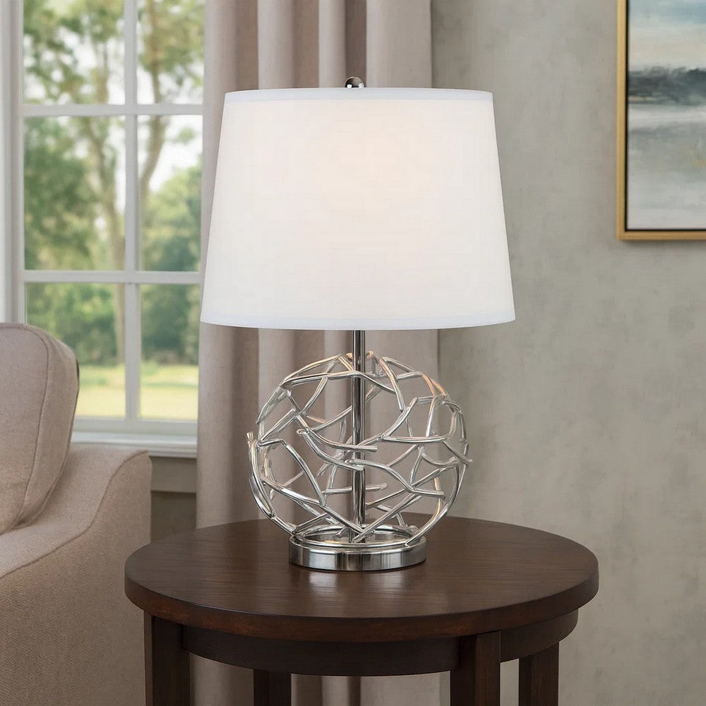 24" Table Lamp, Silver Geometric Globe Base, Empire Shade By Casagear Home