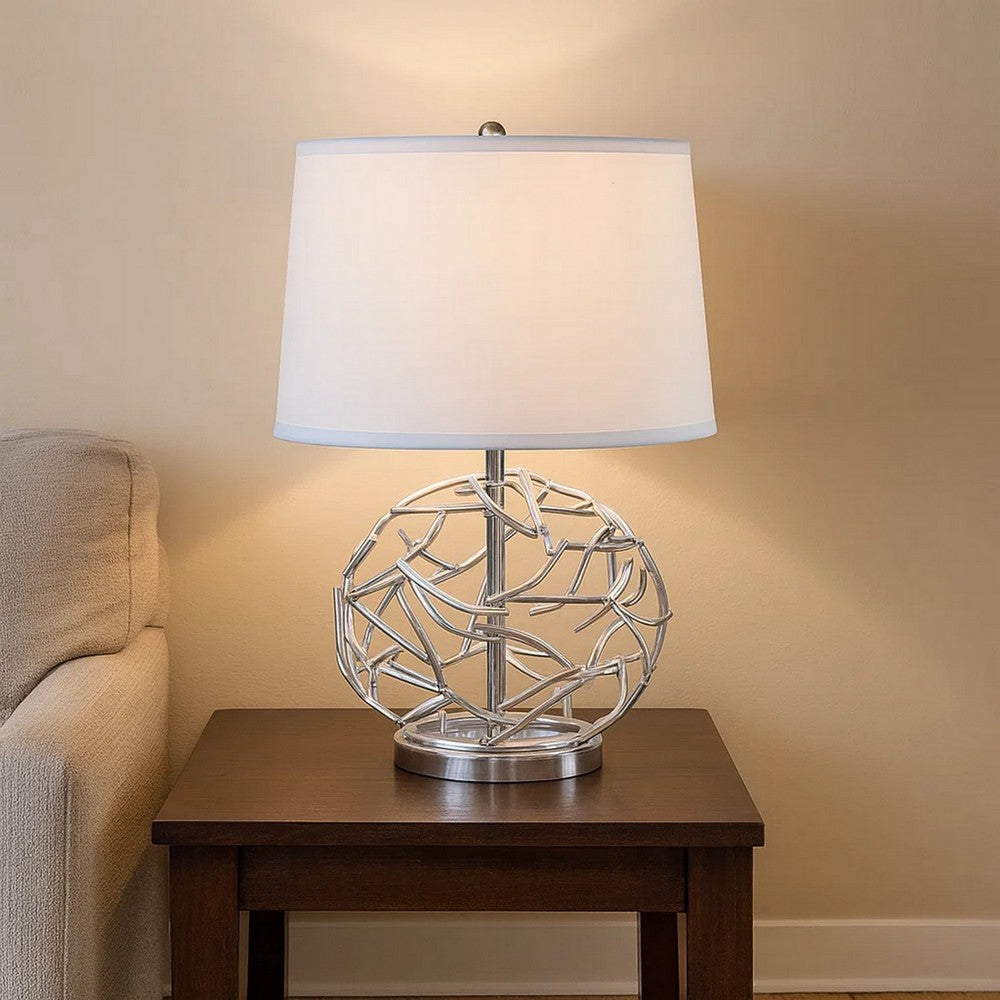 24" Table Lamp, Silver Geometric Globe Base, Empire Shade By Casagear Home