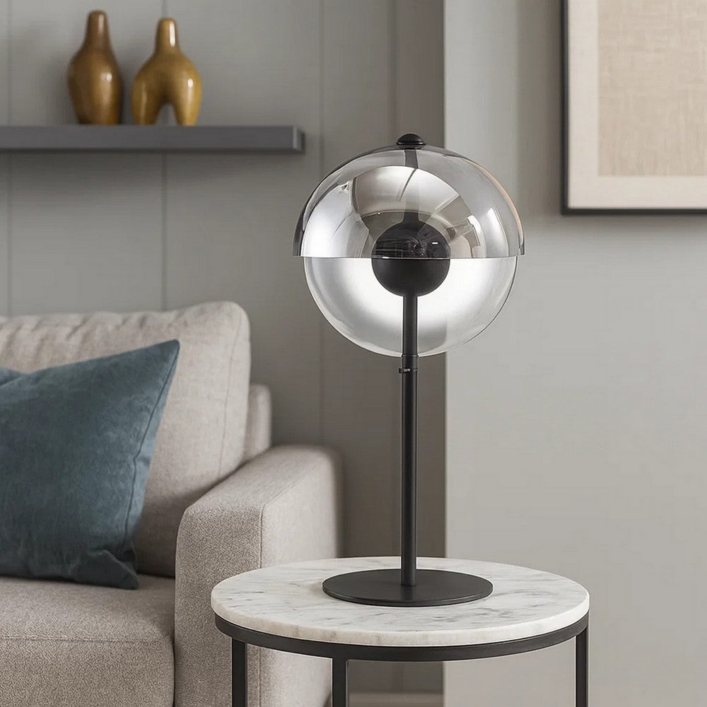 24" Table Lamp, Round Orb Glass Metal Shade, Black By Casagear Home