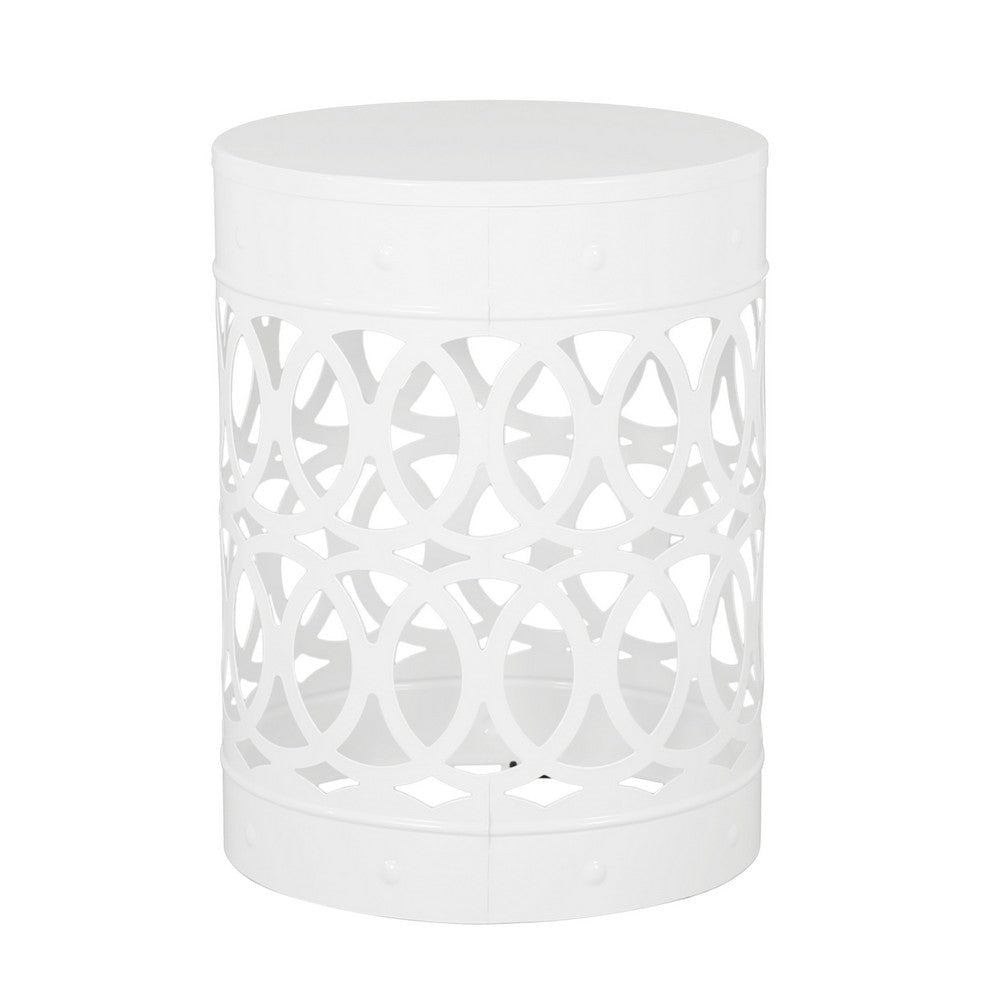 Feio Outdoor Side End Table 14 Inch Round Geometric Pattern White Iron BM324211
