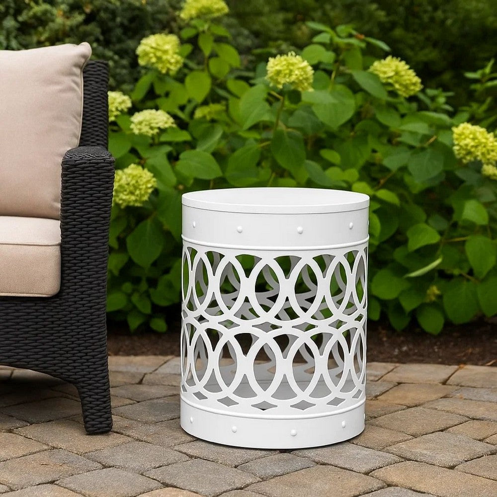 Feio Outdoor Side End Table 14 Inch Round Geometric Pattern White Iron