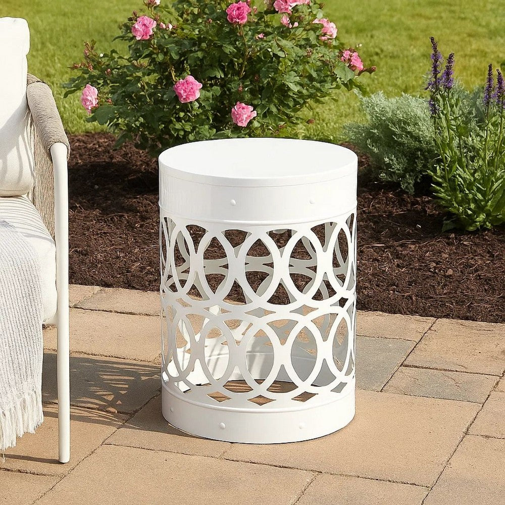 Feio Outdoor Side End Table 14 Inch Round Geometric Pattern White Iron