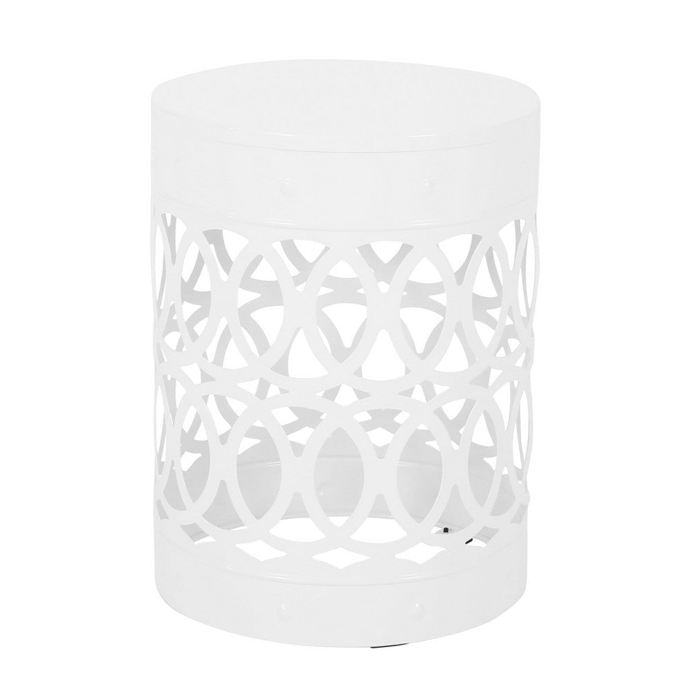 Feio Outdoor Side End Table 14 Inch Round Geometric Pattern White Iron