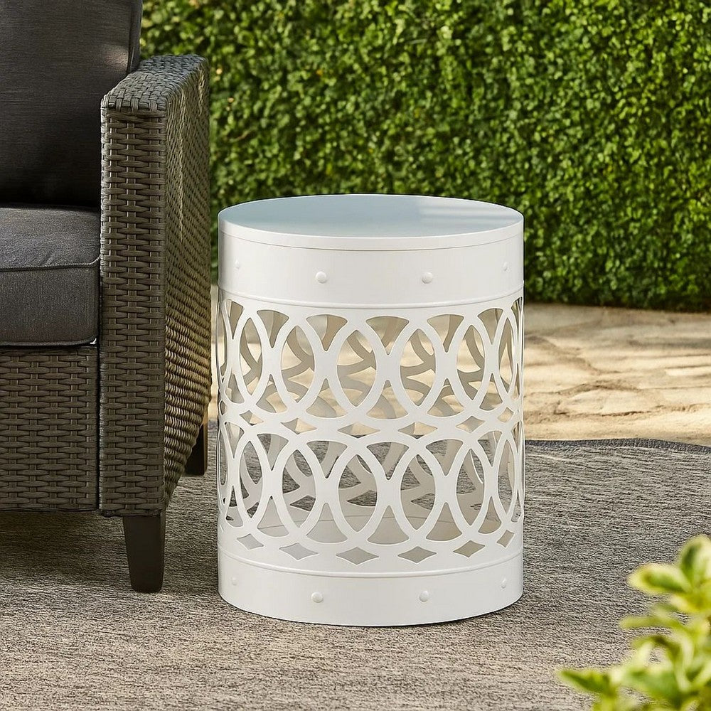 Feio Outdoor Side End Table 14 Inch Round Geometric Pattern White Iron