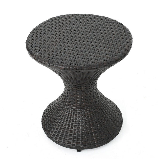 Deno Patio Side End Table, 16 Inch Iron, Hourglass Shape, Brown Wicker