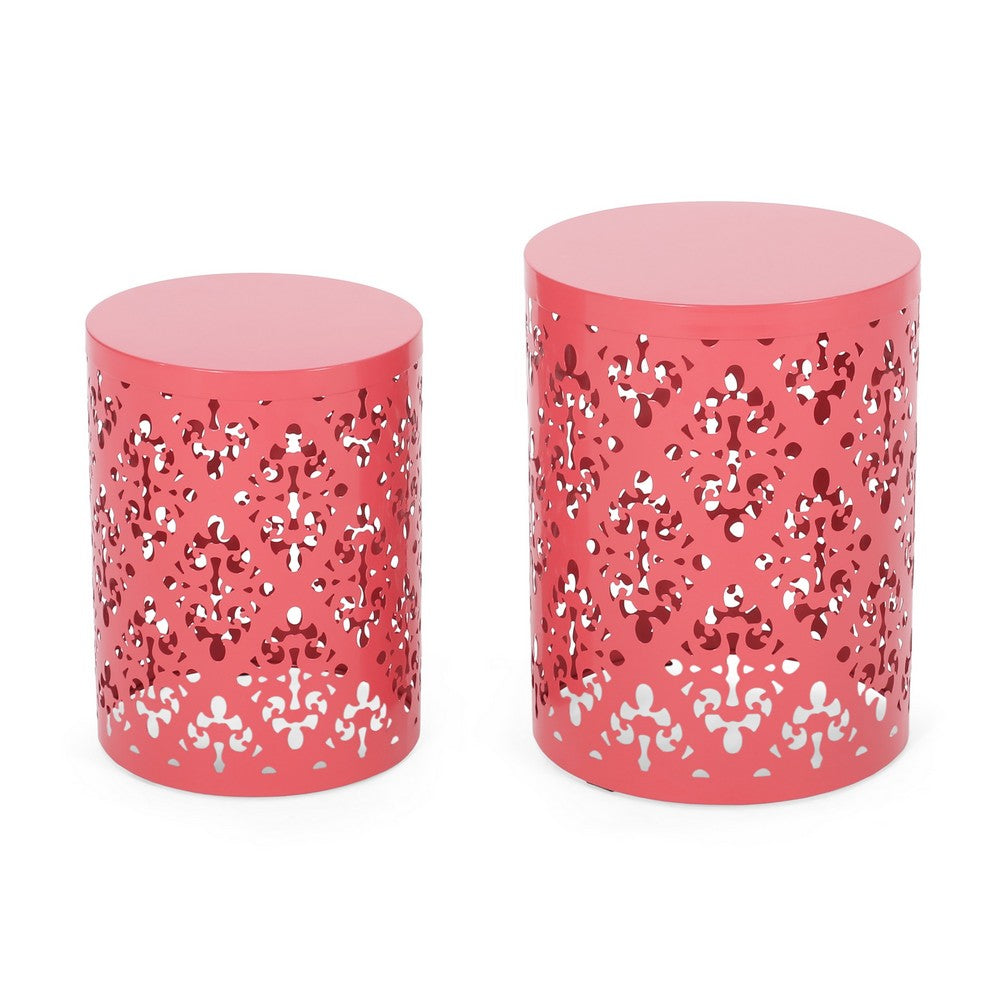 Demi Outdoor Side End Table Set of 2, Floral Cut Design Coral Red Iron