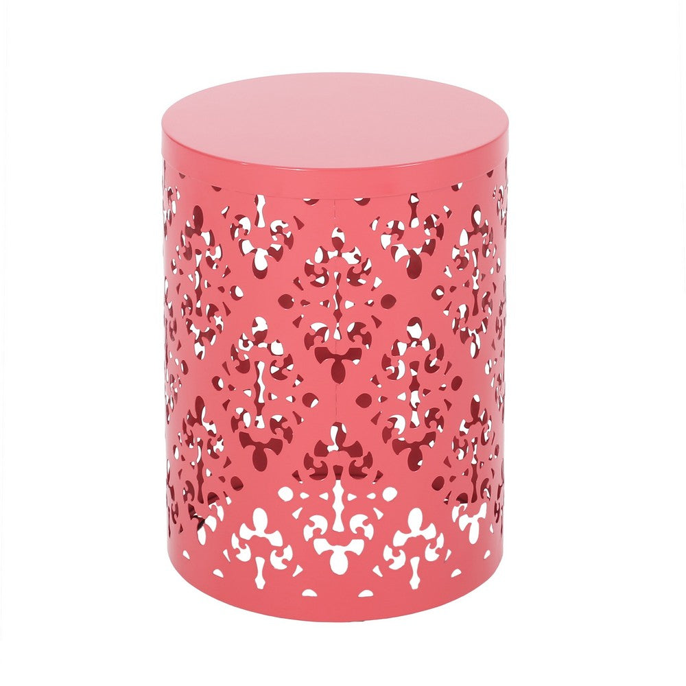 Demi Outdoor Side End Table Set of 2, Floral Cut Design Coral Red Iron
