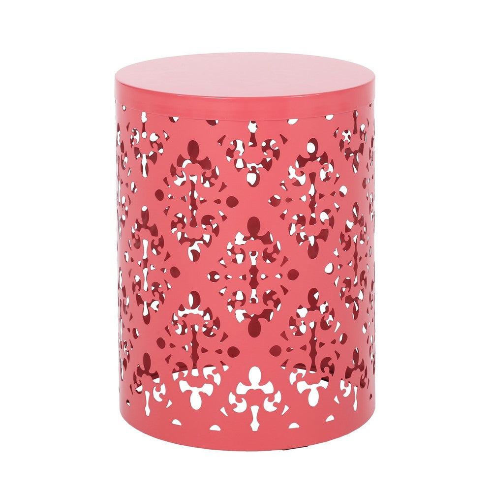 Demi Outdoor Side End Table Set of 2, Floral Cut Design Coral Red Iron