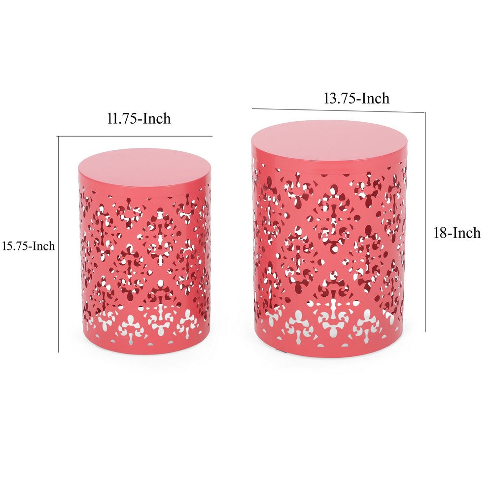 Demi Outdoor Side End Table Set of 2, Floral Cut Design Coral Red Iron