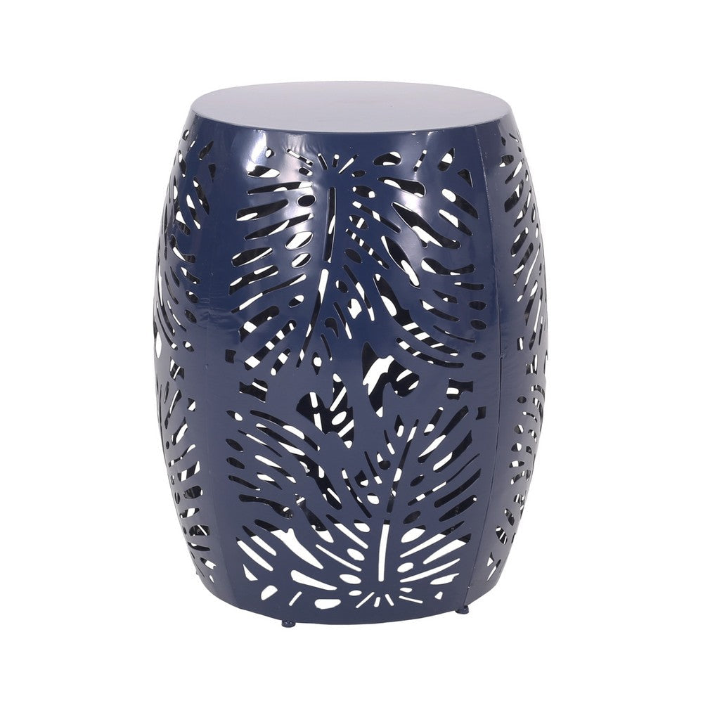 Yena Patio Side End Table 17 Inch Navy Blue Barrel Cut Pattern Design BM324216