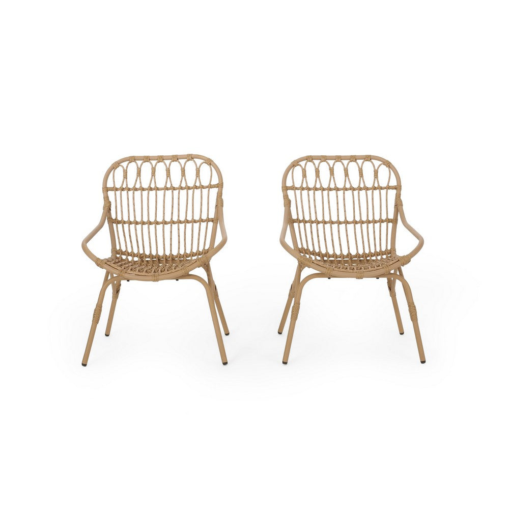 Hexy Outdoor Accent Chair Set of 2, Boho Style Faux Rattan Woven Brown