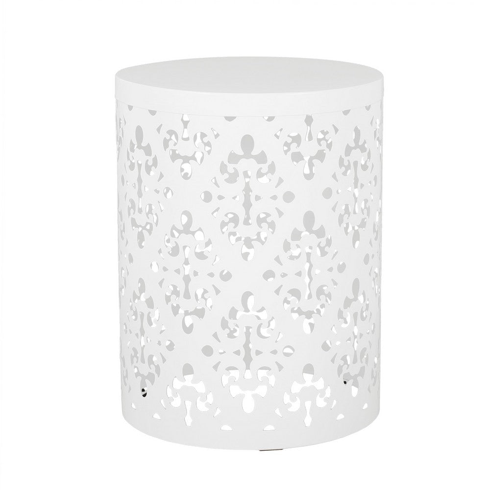 Kima Outdoor Side End Table 14 Inch Round Floral Cutout Design White BM324221