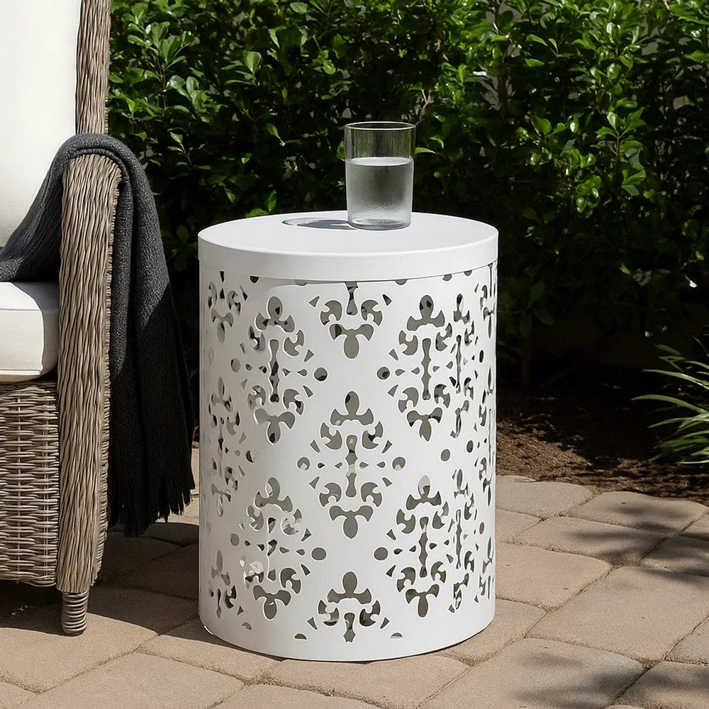 Kima Outdoor Side End Table, 14 Inch Round Floral Cutout Design, White