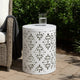 Kima Outdoor Side End Table, 14 Inch Round Floral Cutout Design, White