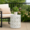 Kima Outdoor Side End Table, 14 Inch Round Floral Cutout Design, White
