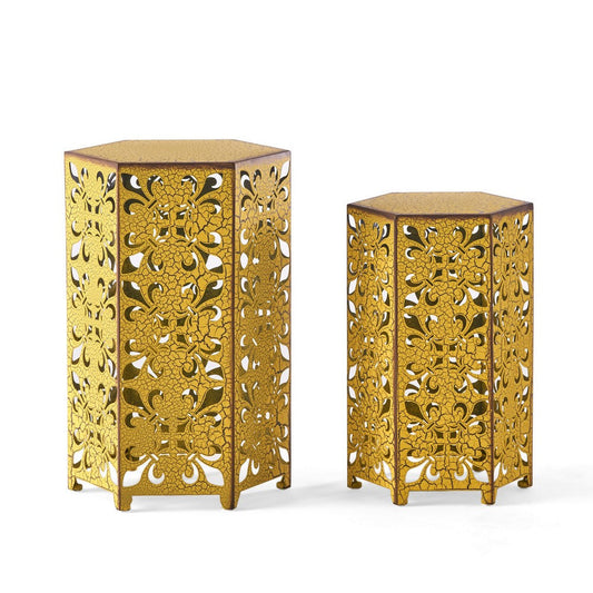 Smio Outdoor Side End Table Set of 2, Fleur-De-Lis Cut Yellow Iron