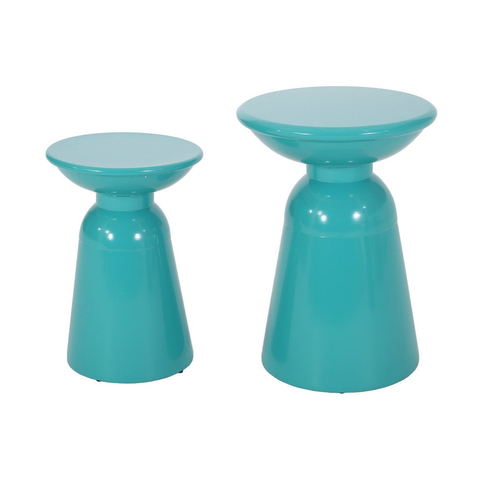Mio Patio Side End Table Set of 2, Teal Blue Iron Flared Pedestal Base