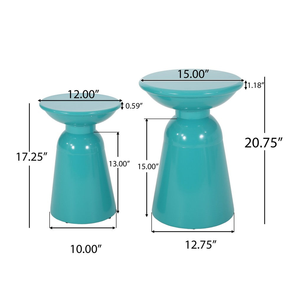 Mio Patio Side End Table Set of 2, Teal Blue Iron Flared Pedestal Base