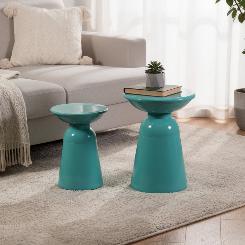 Mio Patio Side End Table Set of 2, Teal Blue Iron Flared Pedestal Base