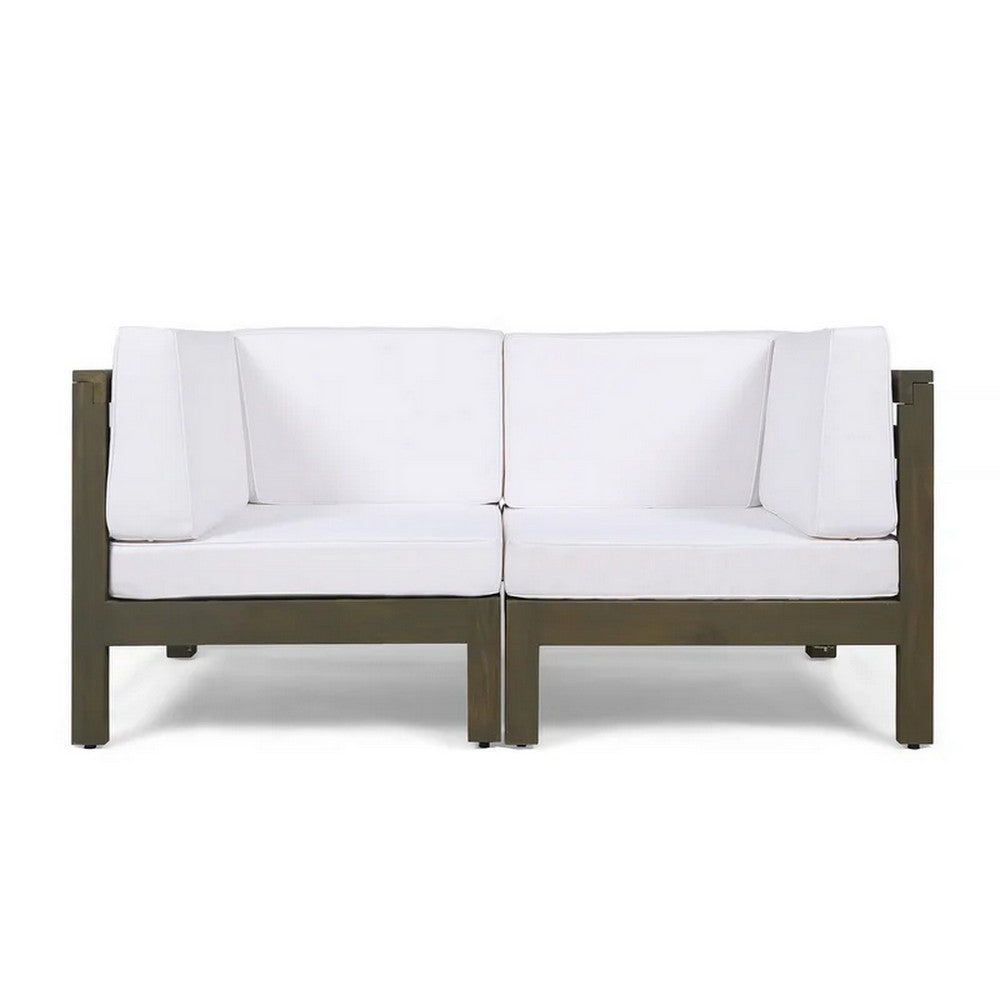 Ony Outdoor Loveseat, Detachable Acacia Wood Chairs, White Cushions
