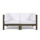 Ony Outdoor Loveseat, Detachable Acacia Wood Chairs, White Cushions