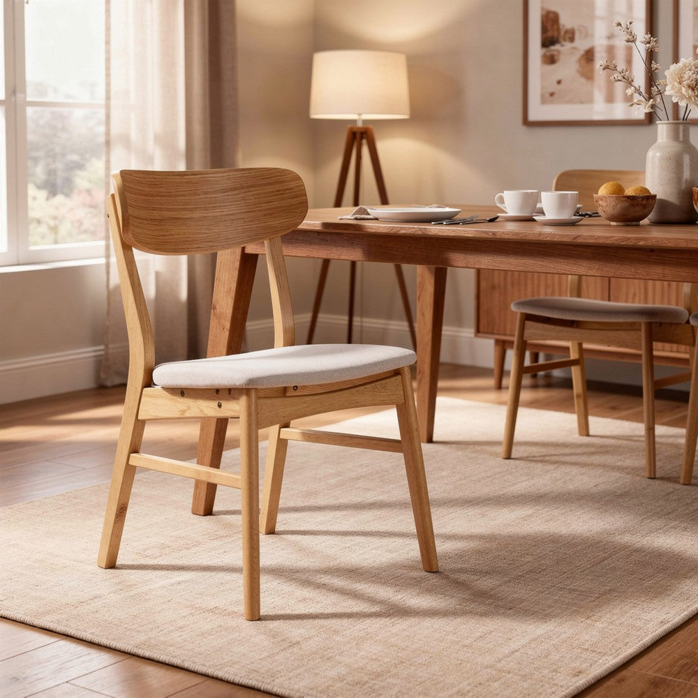 Mexy Dining Side Chair Set of 2, Open Curved, Light Beige, Brown Wood