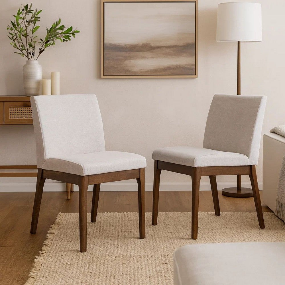 Jimi Dining Side Chair Set of 2, Light Beige Fabric, Brown Wood Legs