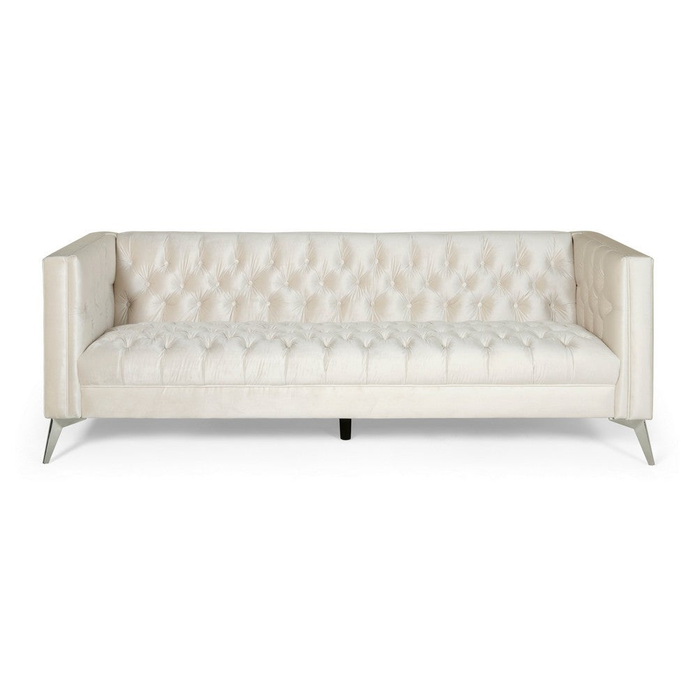 Zexy Sofa, 3 Seater Button Tufted Chesterfield Beige Velvet, Chrome