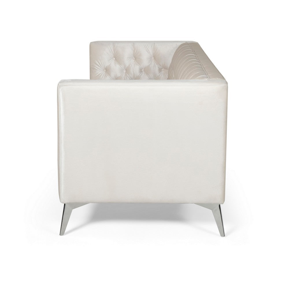 Zexy Sofa, 3 Seater Button Tufted Chesterfield Beige Velvet, Chrome