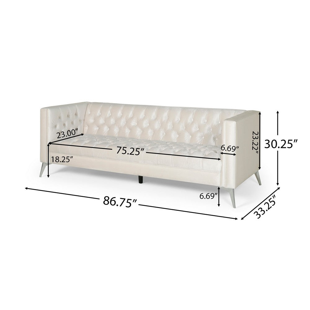 Zexy Sofa, 3 Seater Button Tufted Chesterfield Beige Velvet, Chrome