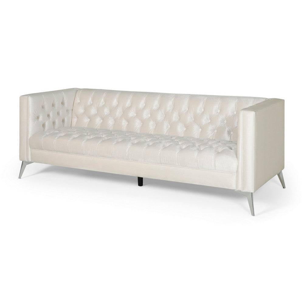 Zexy Sofa, 3 Seater Button Tufted Chesterfield Beige Velvet, Chrome